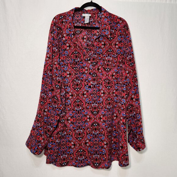 CATHERINES Preppy Multicolor Floral Roll Tab Shirt Tunic Top Size 4X New No Tag! - Picture 2 of 16